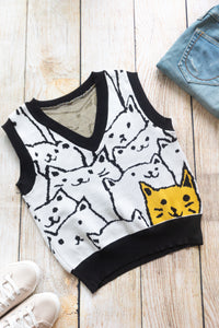 Cute Kitten Print Knit Vest Black