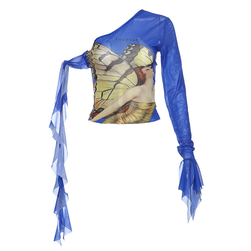 Y2K One Shoulder Butterfly Mesh Top
