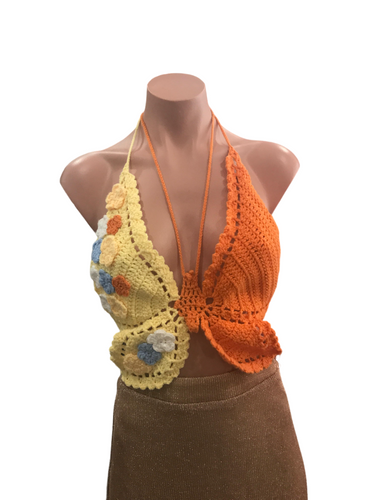 Crochet Butterfly Crop Top - Sunset Orange