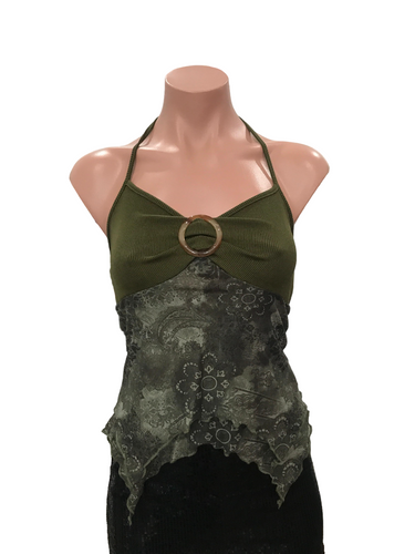 Y2K Halter Neck Ribbed Green Olive Mesh Top