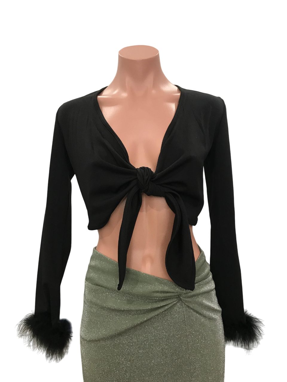 Front Tie Knot Fluffy Feather Top - Black