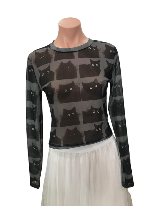 Y2K Cat Mesh Top - Gray