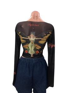 Y2K Butterfly Jyosei Black Mesh Top