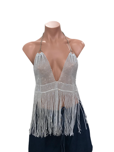 Rhinestone Halter Chain Top - Glittery White
