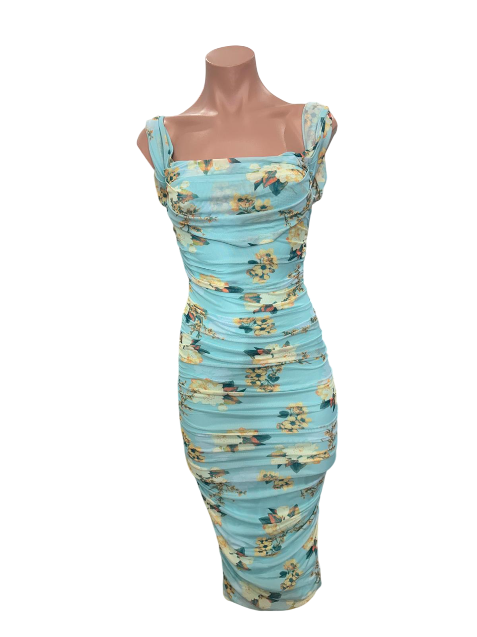 Ruched Blue Green Midi Dress