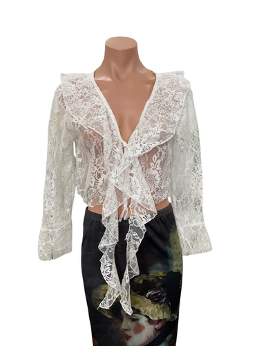 Y2K Vintage Ruffle Mesh Top - White