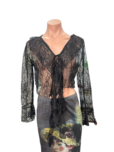 Y2K Vintage Ruffle Mesh Top - Black