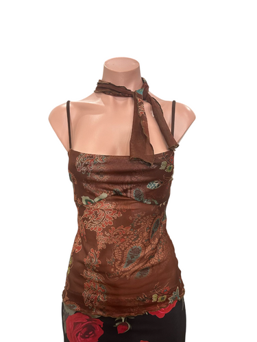 Y2K Neck Scarf Mesh Tank Top - Brown