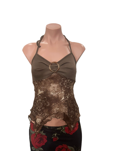 Y2K Halter Neck Brown Ribbed Mesh Top