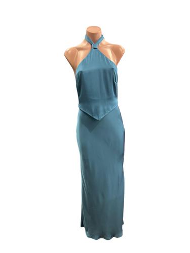 Blue Satin Halter Midi Dress