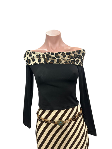 Leopard Off Shoulder Black Long Sleeve Top
