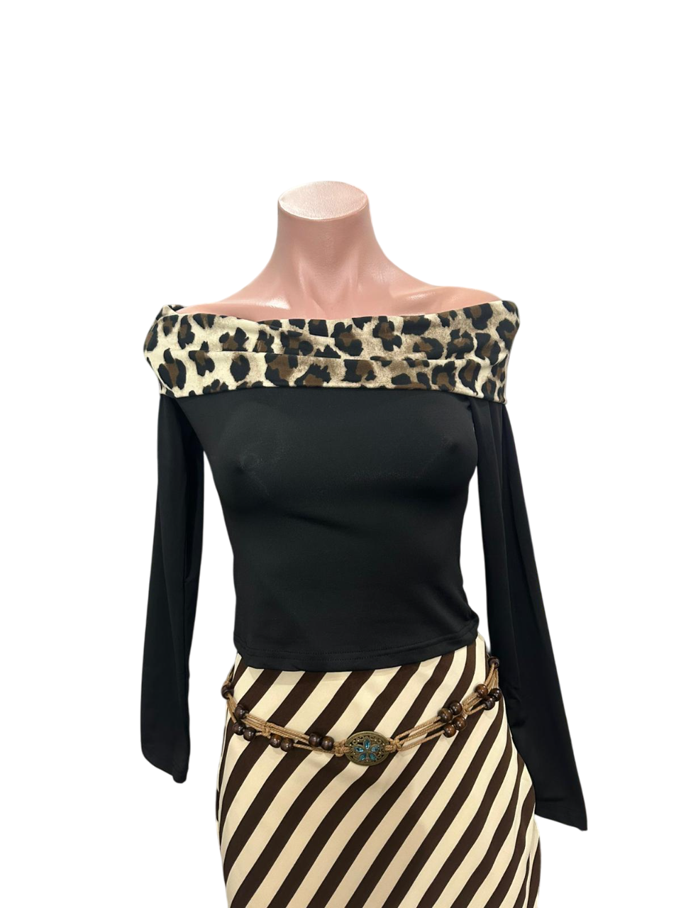 Leopard Off Shoulder Black Long Sleeve Top