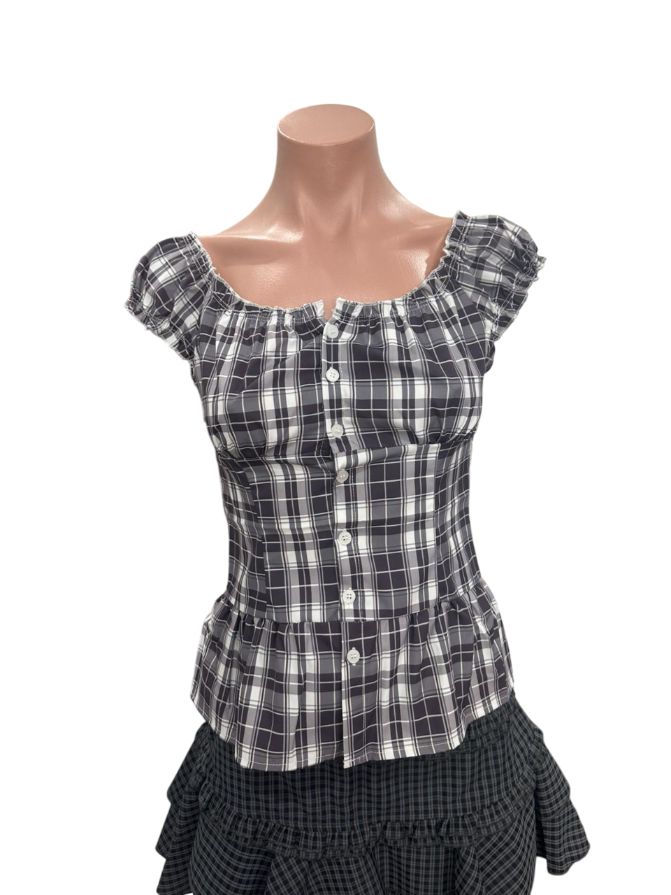 Vintage Plaid Puff Blouse - Sabrina Black Checker