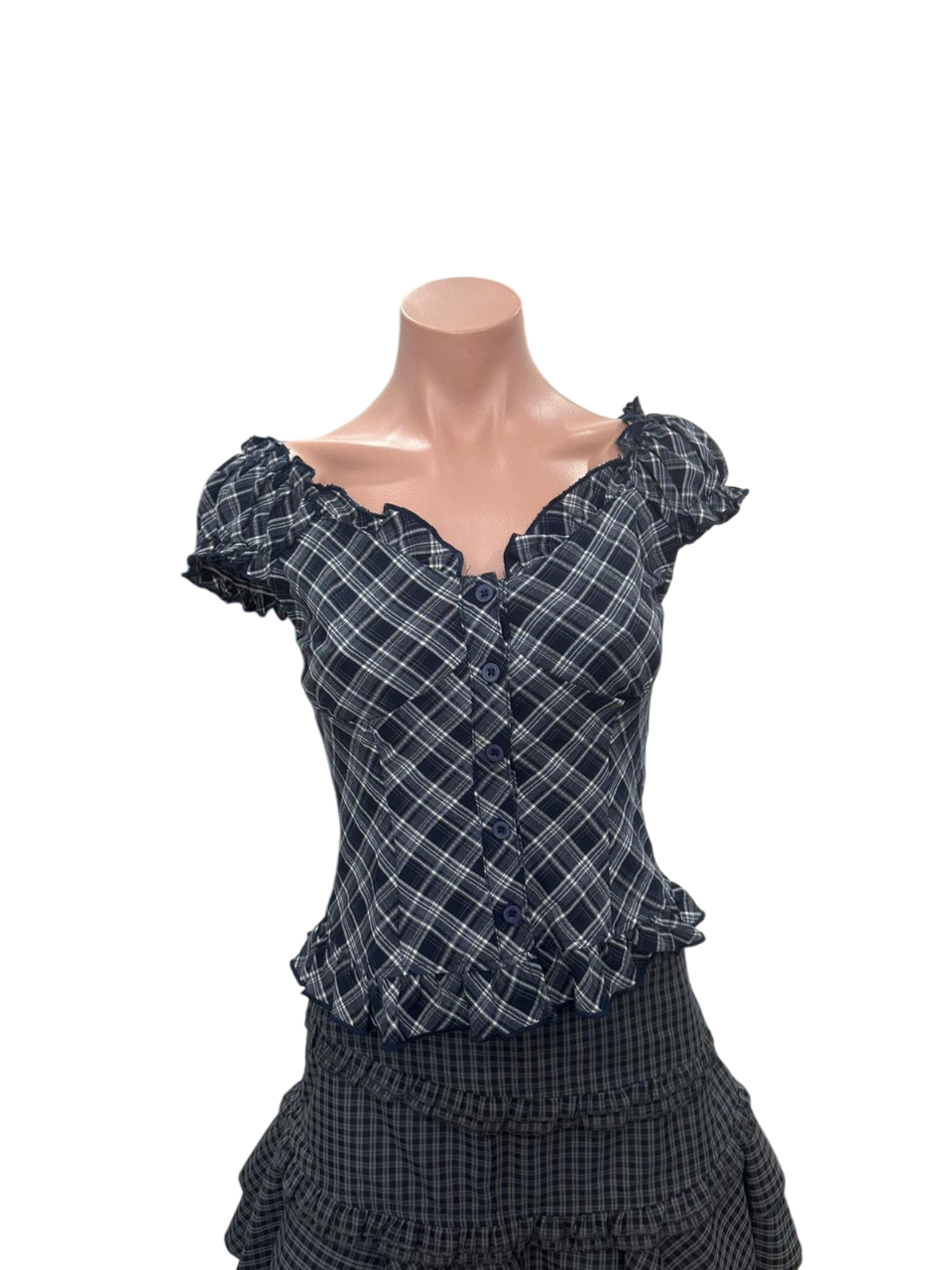 Vintage Plaid Puff Blouse - Sabrina Blue Checker