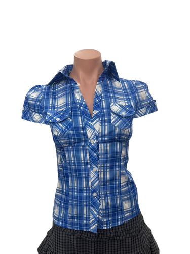 Vintage Plaid Puff Blouse - Blue