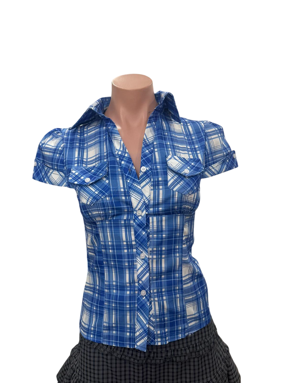 Vintage Plaid Puff Blouse - Blue