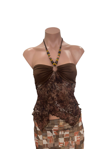 Y2K Halter Buckle Beads Top Brown
