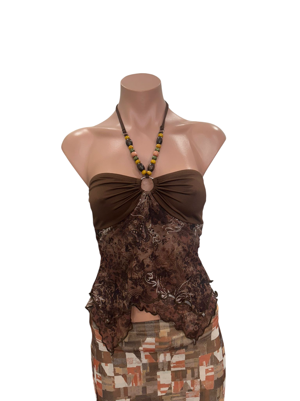 Y2K Halter Buckle Beads Top Brown