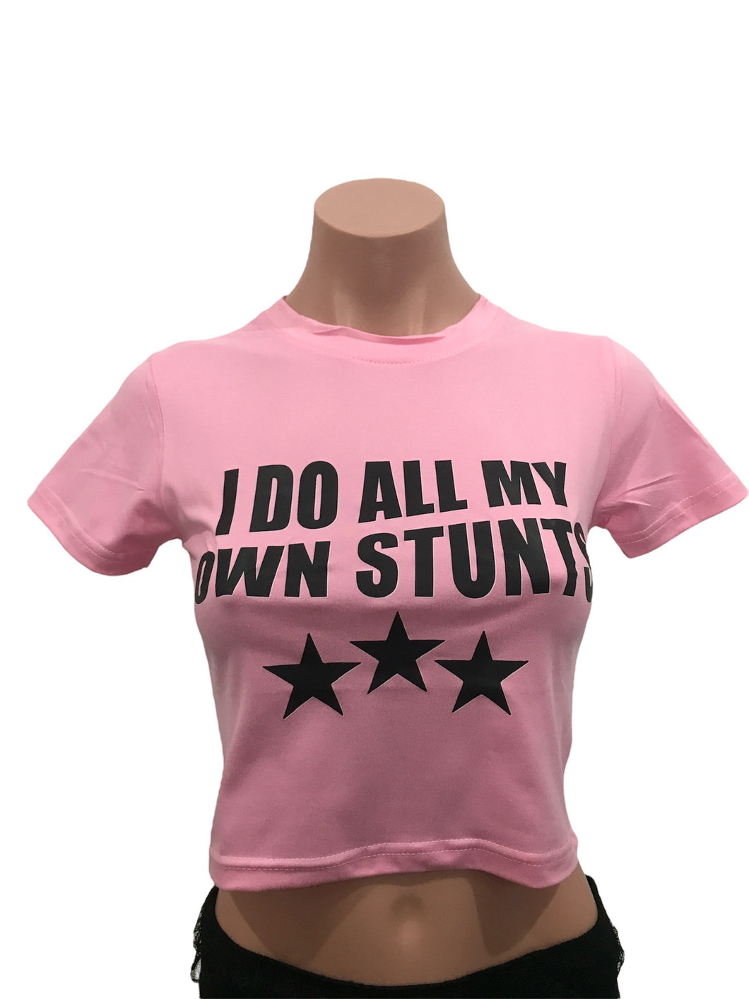 I Do My Own Stunts Crop Tee Pink
