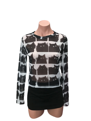 Y2K Cat Mesh Top - White