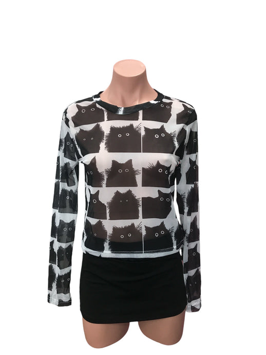Y2K Cat Mesh Top - White