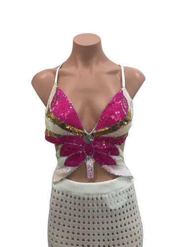 Sequin Butterfly Crop Top Pink Gradient