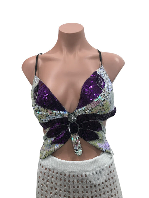 Sequin Butterfly Crop Top Purple Gradient