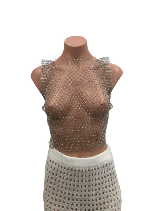 Sleeveless Silver Halter Rhinestone Top - Multicolor