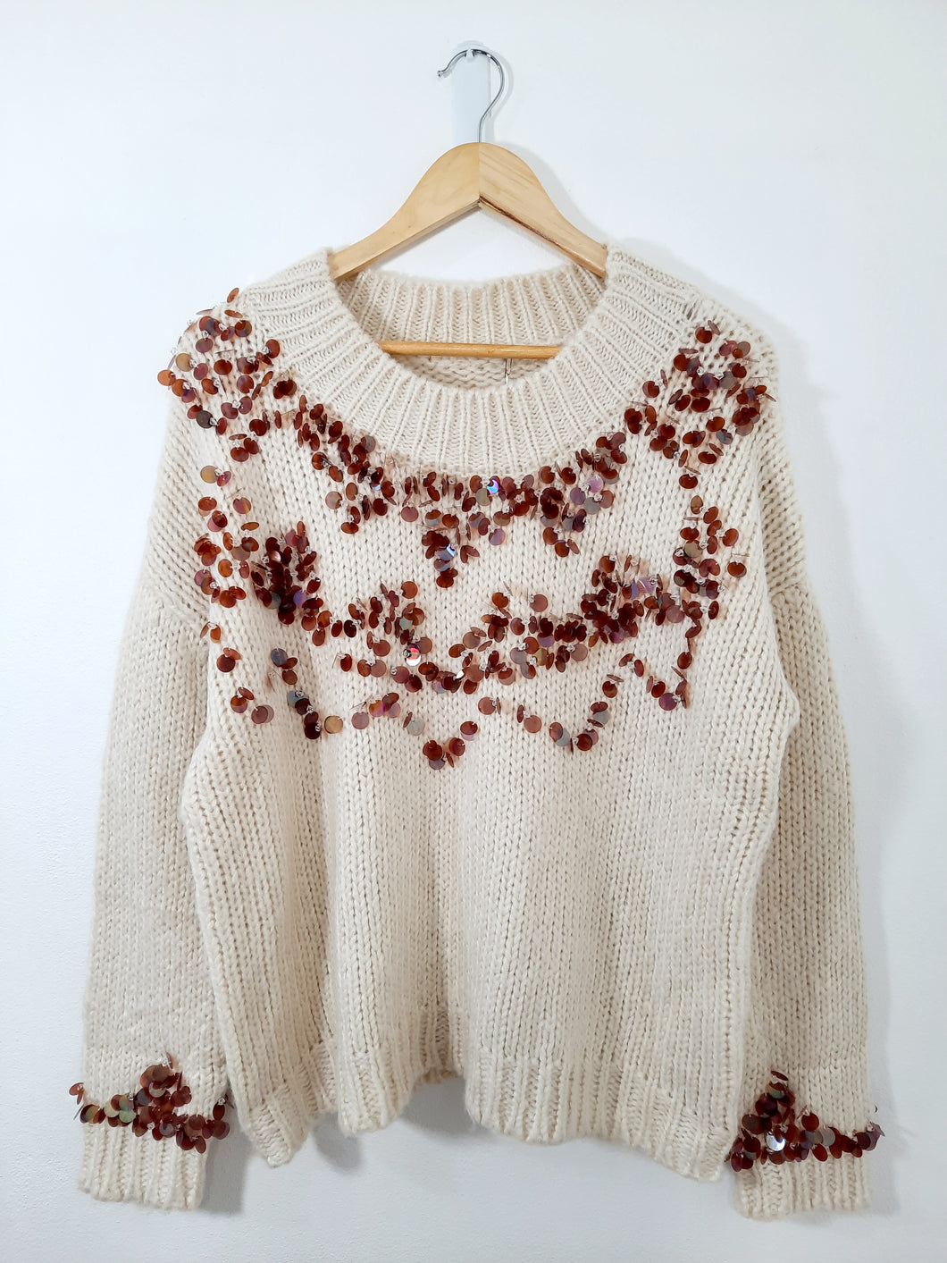 Winter Knit Jumpers Sequin Design Loose Fit Style Beige
