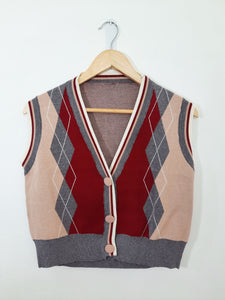 Sleeveless Knit Button Front Vest Top Argyle Print Burgundy