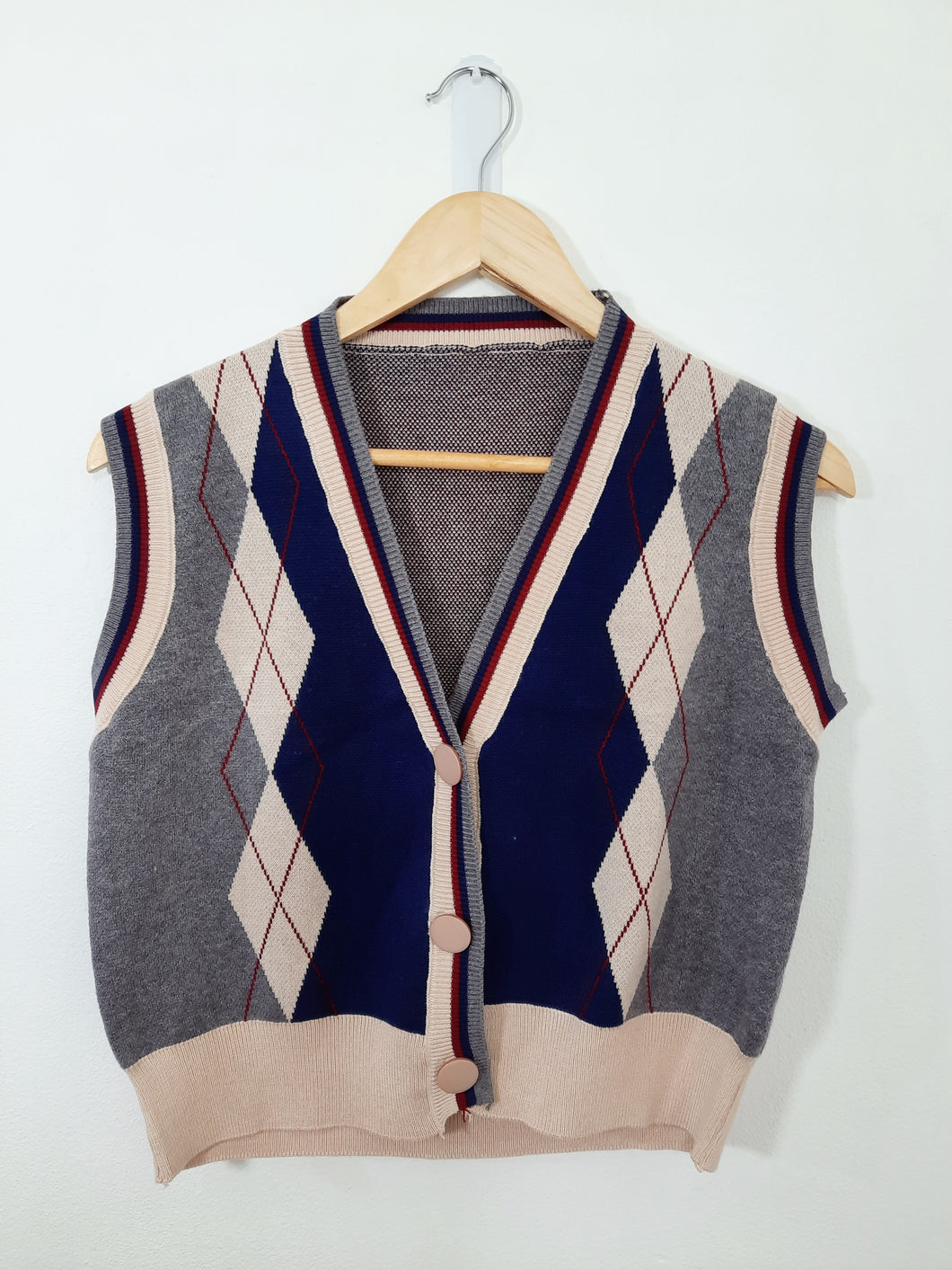 Sleeveless Knit Button Front Vest Top Argyle Print Navy