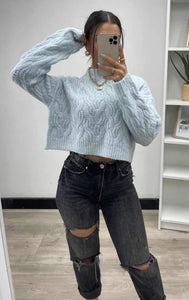 Winter Thick Knit Jumpers Crop Style Pale Blue
