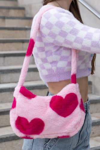 Fluffy Heart Print Shoulder Bag Pink