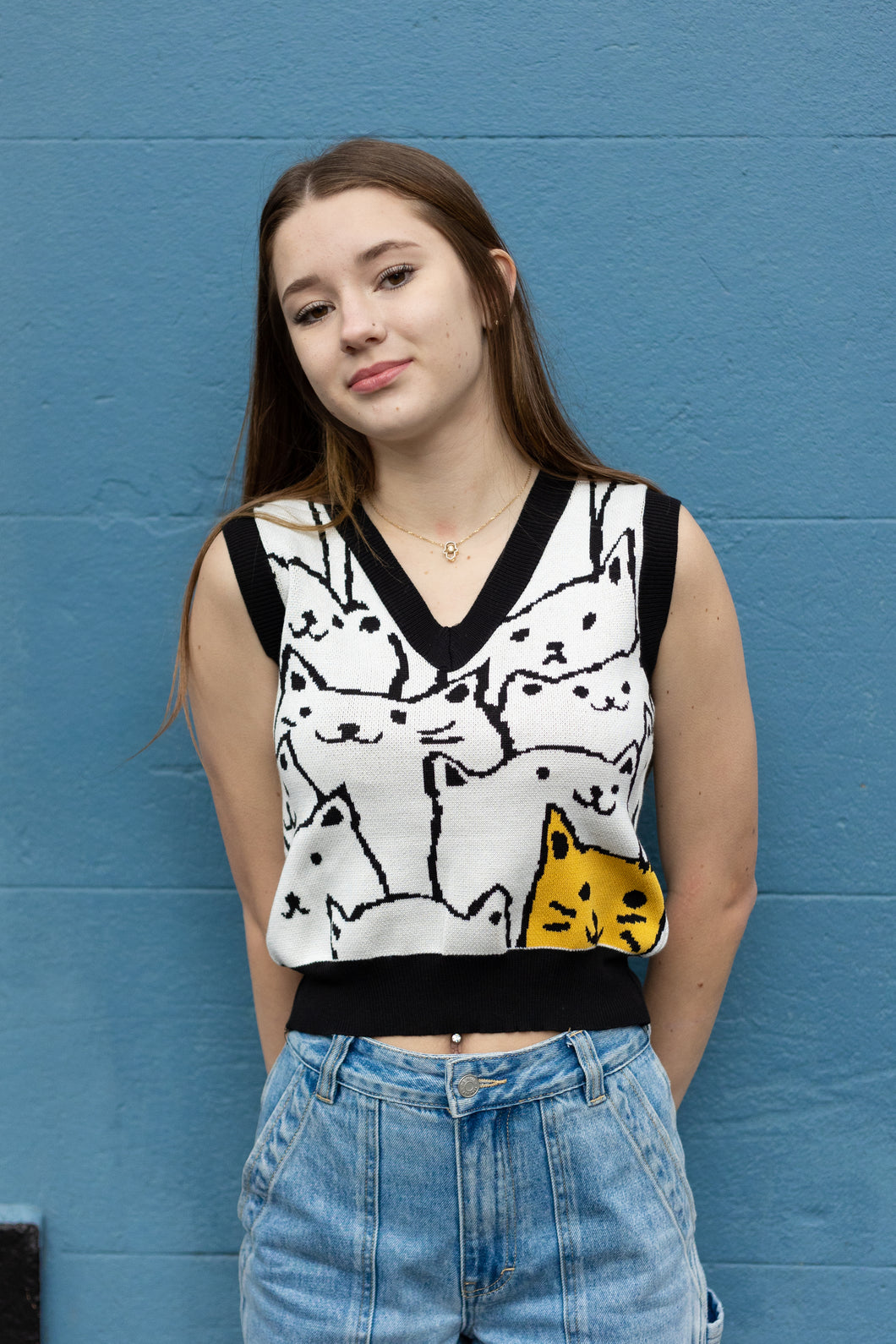 Cute Kitten Print Knit Vest Black