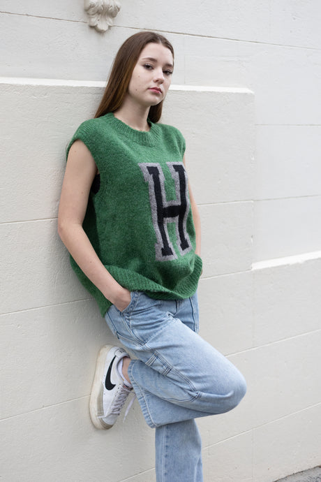 Lettering Oversized Knit Vest Green