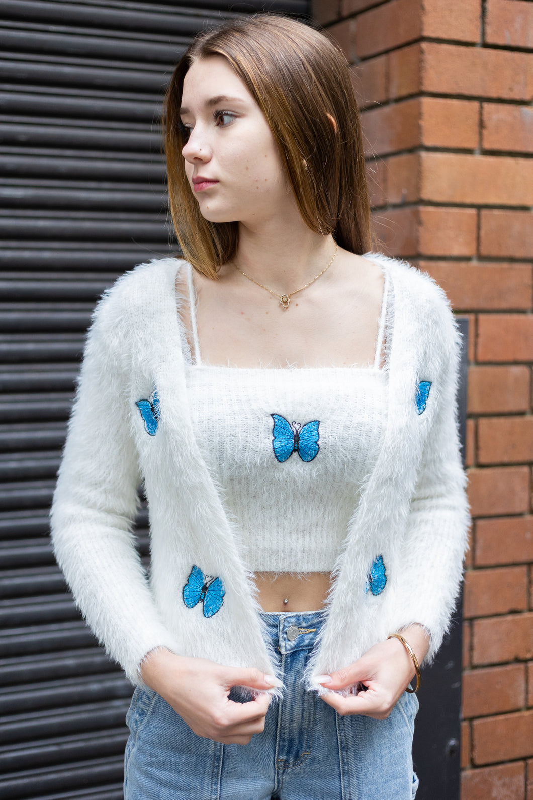 Butterfly Embroidery Fluffy Cardigan White