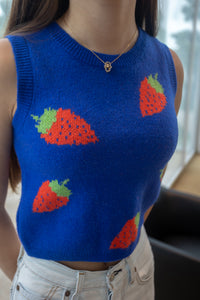Strawberry Print Knit Vest Blue