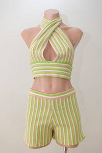 Halter Striped Tie Back Knit Crop Set Green