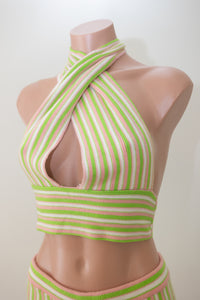Halter Striped Tie Back Knit Crop Set Green