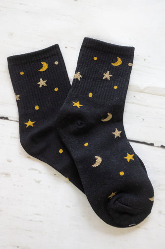 Moon & Star Print Socks Black