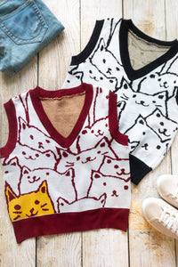 Cute Kitten Print Knit Vest Red