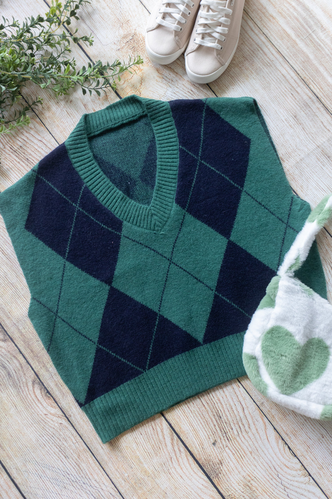Argyle Print Knit Vest Green